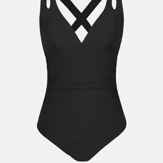 Solid colour one-piece bikini swimsuit with cross shoulder straps on a mannequin, showing front view.