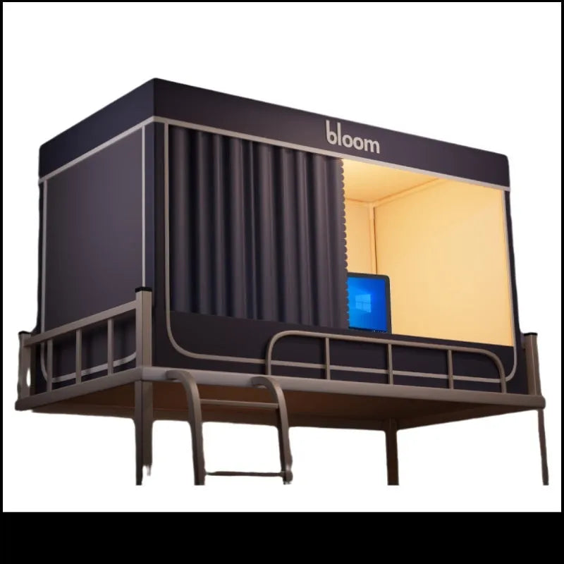 Grey polyester bed curtains with integrated mosquito net for 0.9m beds showing three-door access and wall-mounted brackets