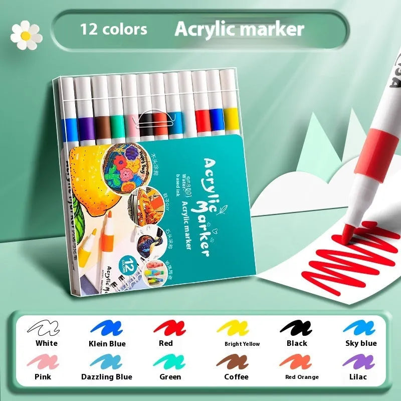 Set of multicoloured acrylic marker pens in a box, suitable for student painting and drawing