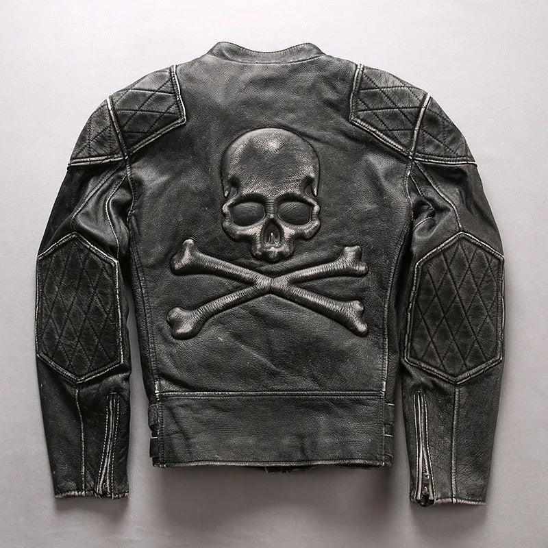 Men's distressed stand collar cropped slim leather jacket in black top layer cowhide seen from front