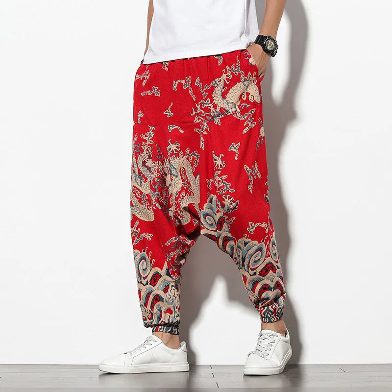 Women's summer bohemian loose wide-leg elephant flower print cotton trousers in blue fan colour