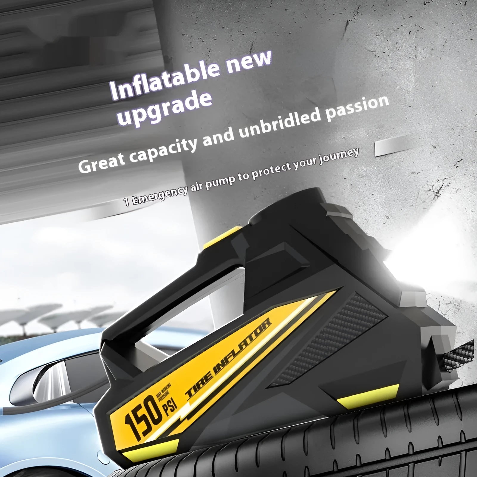 Black portable 12V tyre inflator with digital display and power cable on a garage floor