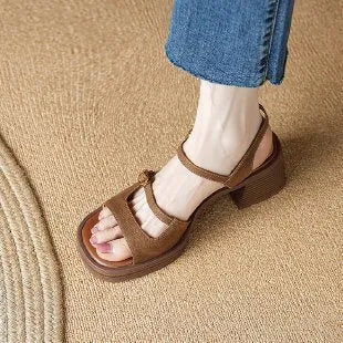 Women's beige open toe square toe retro platform sandals with a rubber sole.