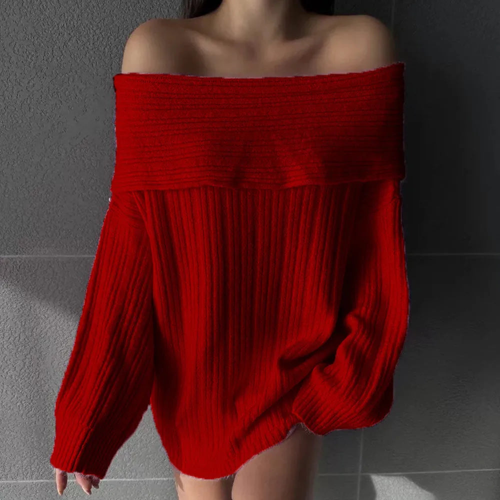 Woman wearing a loose-fitting, long-sleeved, off-neck pullover sweater in a solid colour