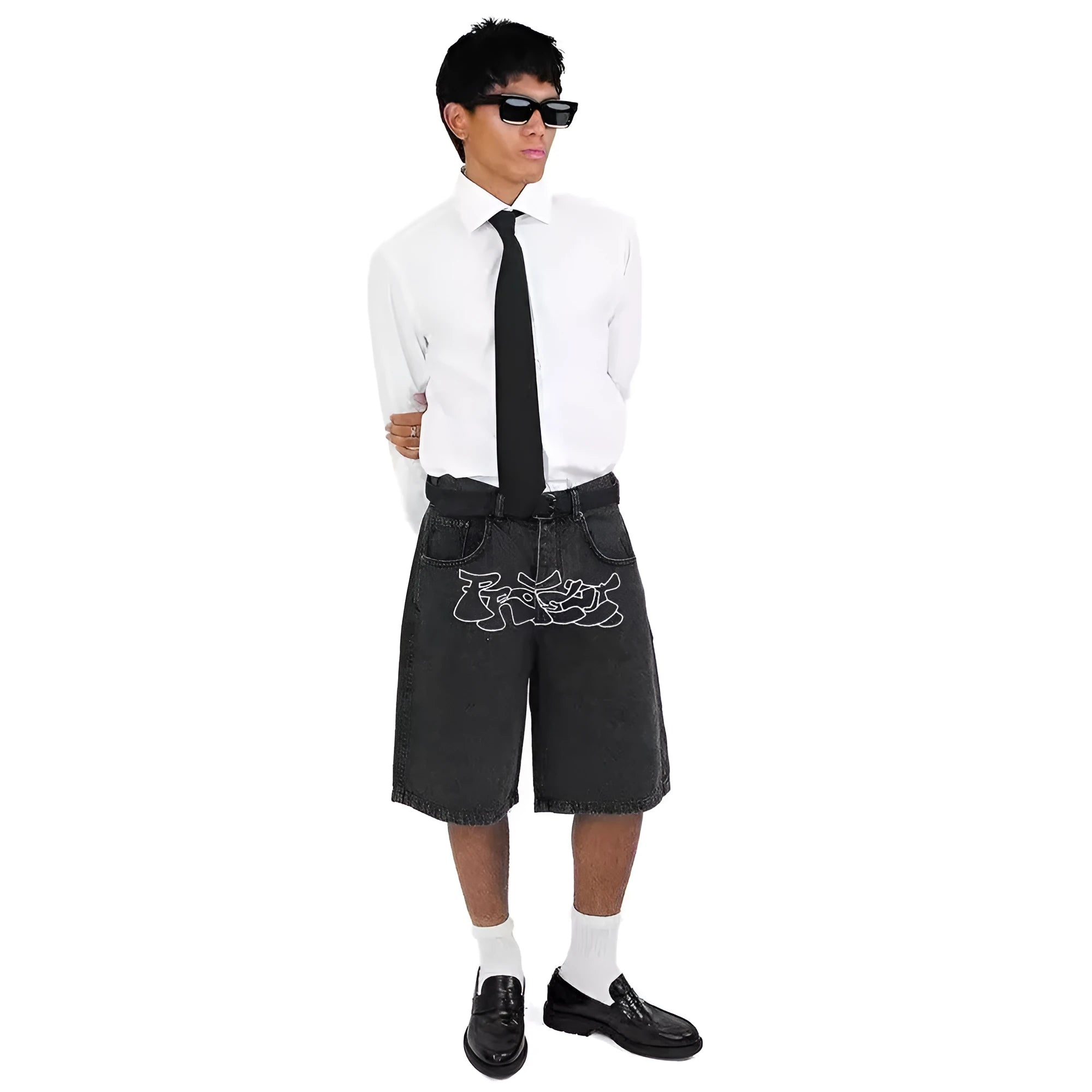Men's straight cut denim shorts in D36 colour with hip hop styling and micro elastic fabric