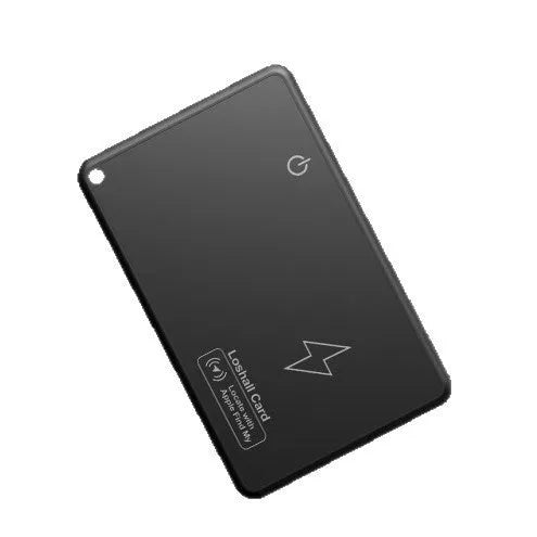 Black MFI-certified rechargeable Bluetooth tracking card for Android, shown next to a keychain.