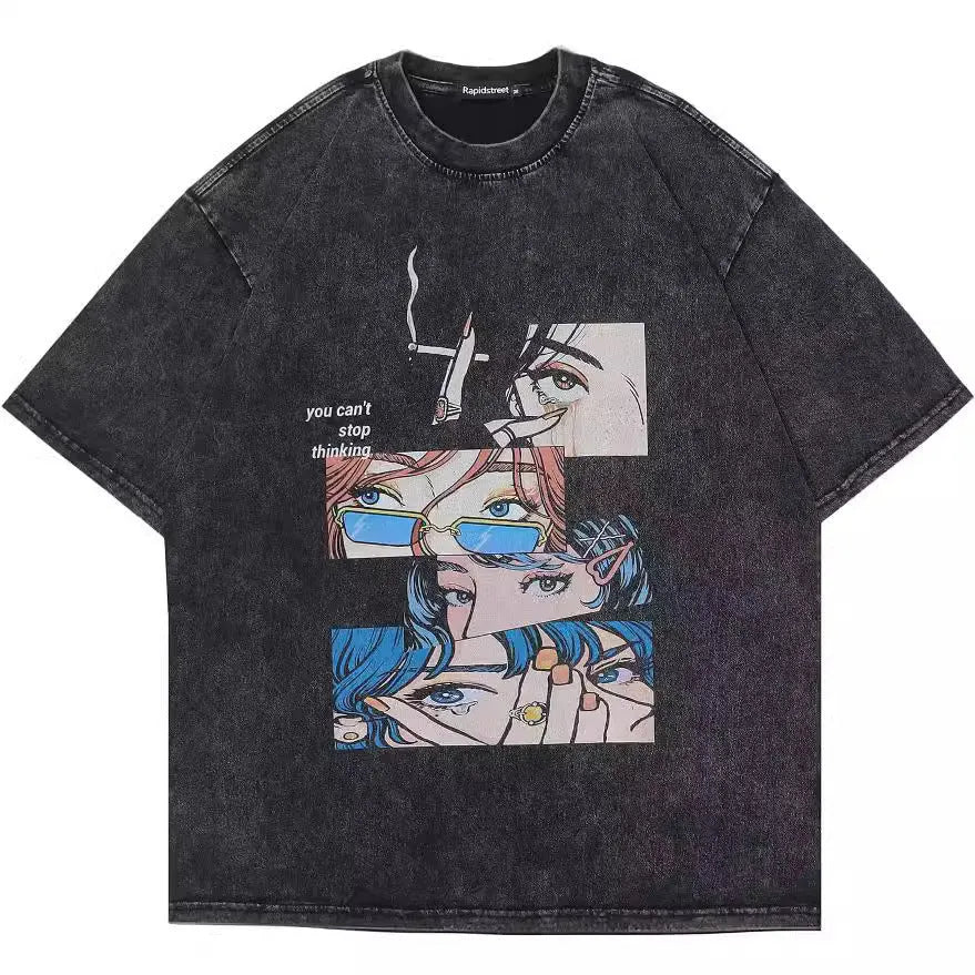 Men's loose retro cartoon print cotton t-shirt on a hanger, short sleeves.
