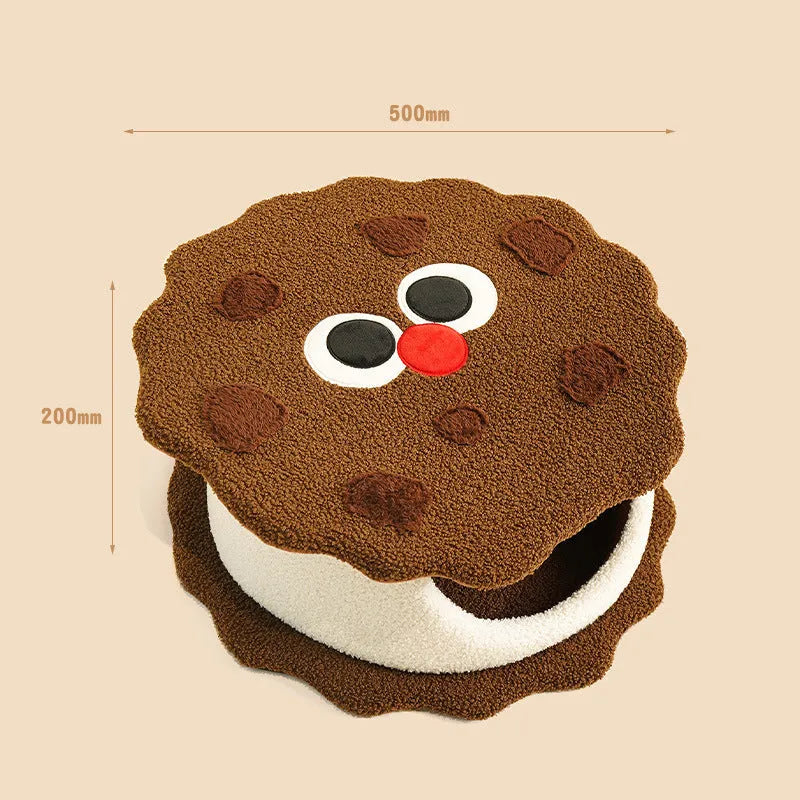 Khaki coloured sandwich cookie shaped enclosed cat nest bed with removable cushion for indoor winter sleeping