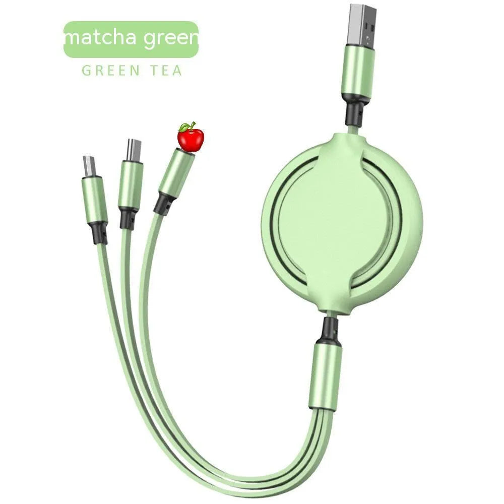 Three-in-one liquid silicone fast charging cable with aluminium alloy connectors, 1.2m length, in five colours.