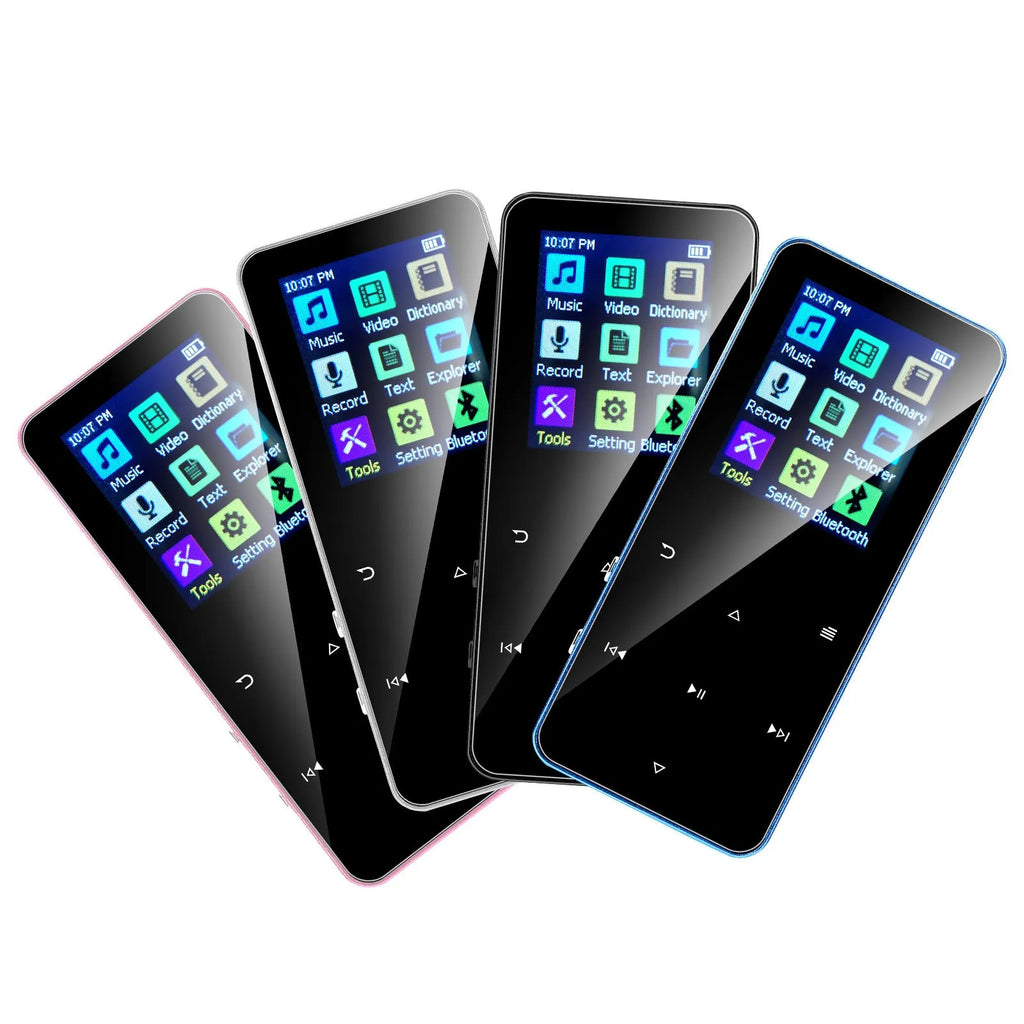 Walkman student version Bluetooth player with 1.8 inch screen, touch buttons, 9 x 4 x 1cm body, black silver blue pink