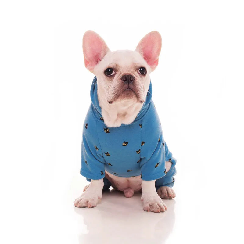 Blue velvet pet hoodie for dogs, available in sizes XS to XXXL with chest and back measurements