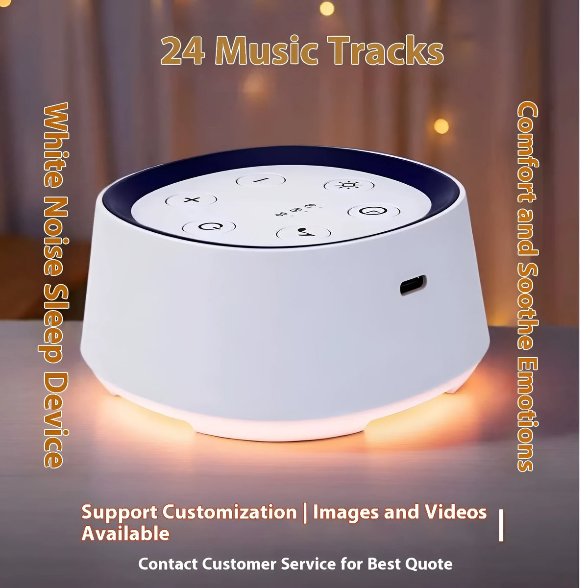 White rechargeable baby night light with 24 soothing music tracks, crying induction, and timing function.