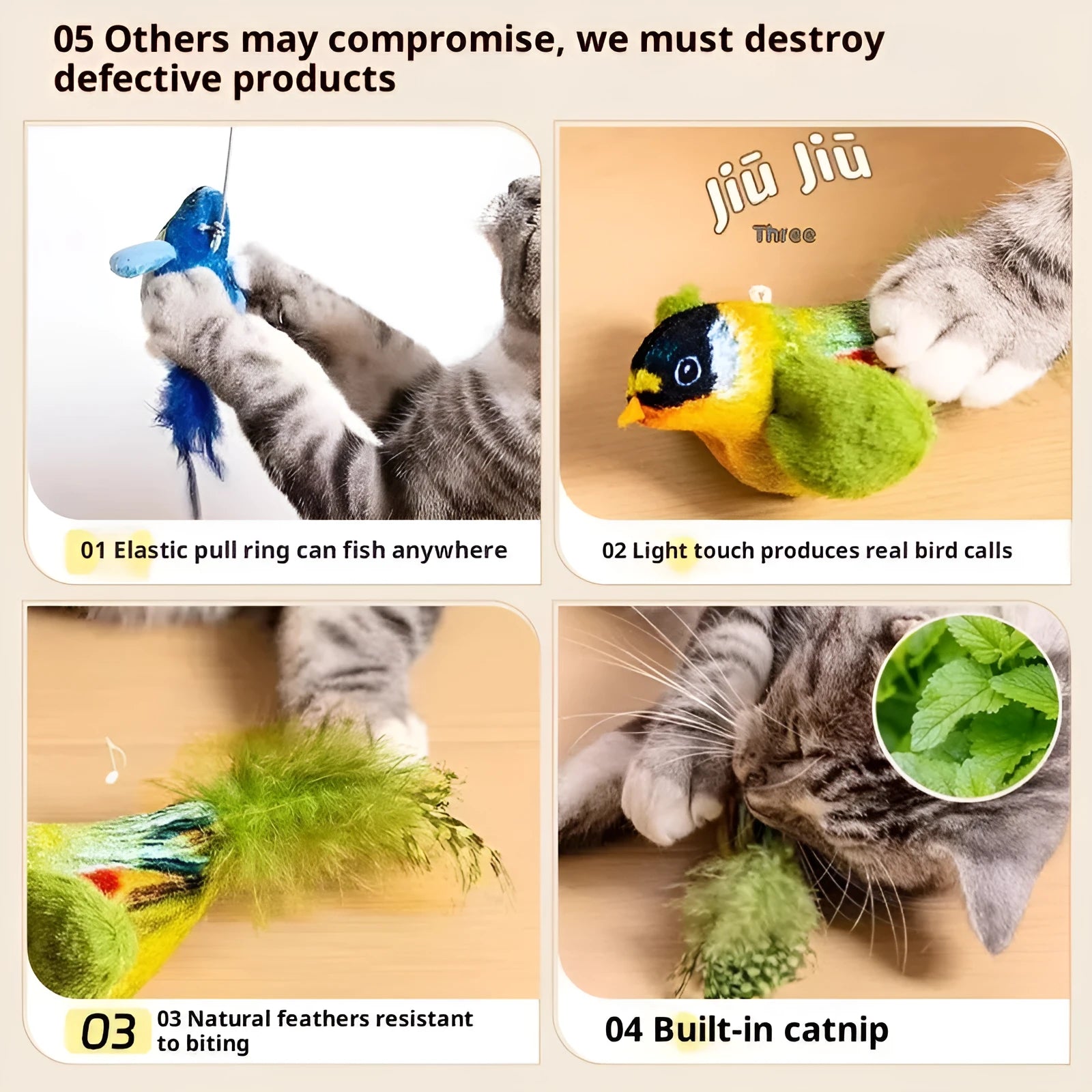 Simulation sound bird pet toy with true feathers in grey blue green colour