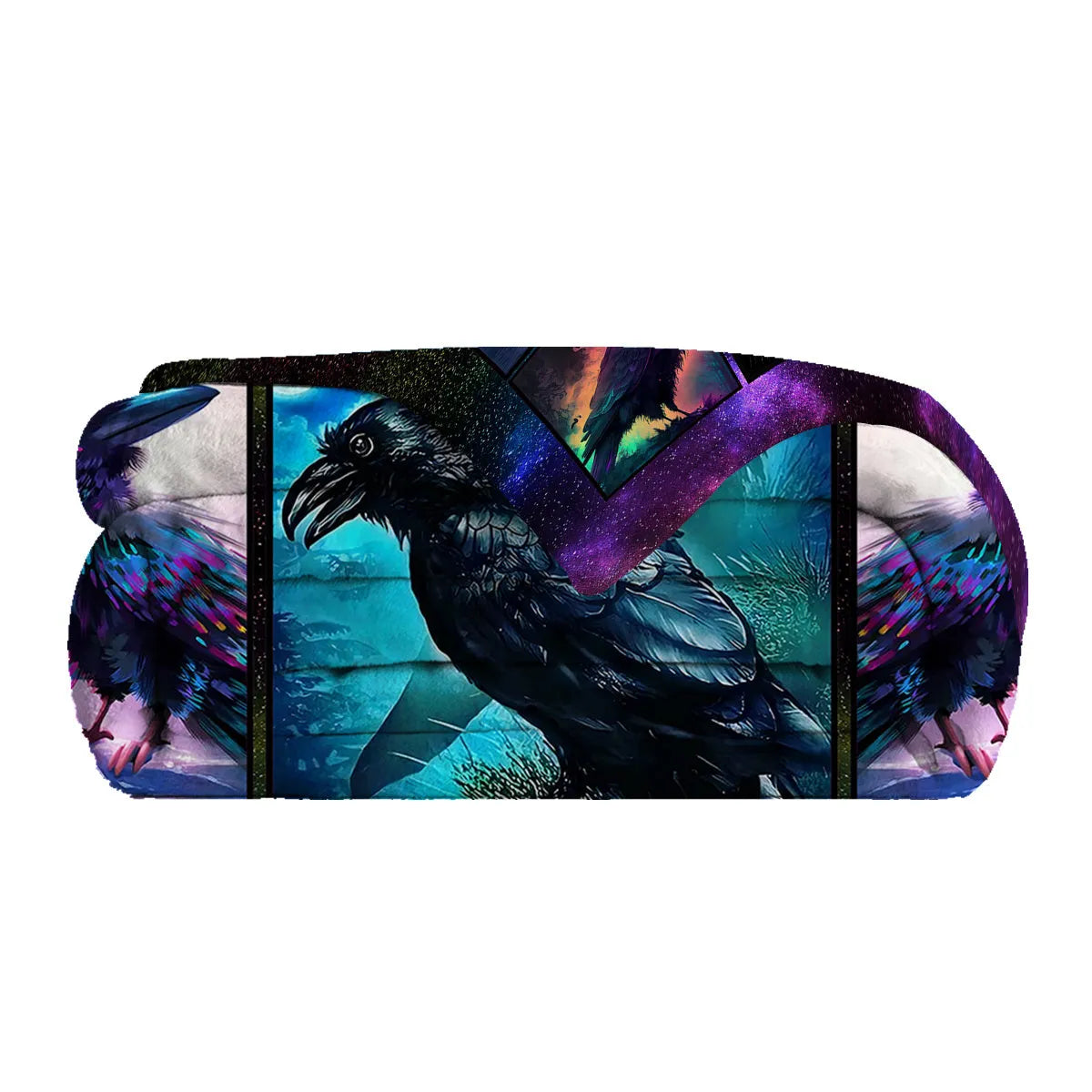 Colorful raven print flannel blanket in soft velvet, available in 75x100cm, 130x150cm, and 150x200cm sizes.
