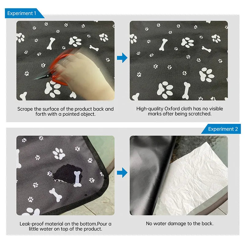 Grey car pet mat with dog bone print covering a vehicle's rear seat.