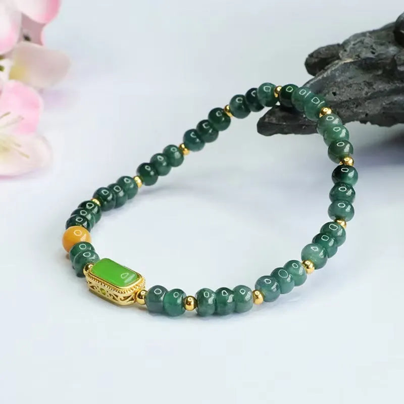 Natural stone blue water jade bead bracelet with electroplated finish and geometric design