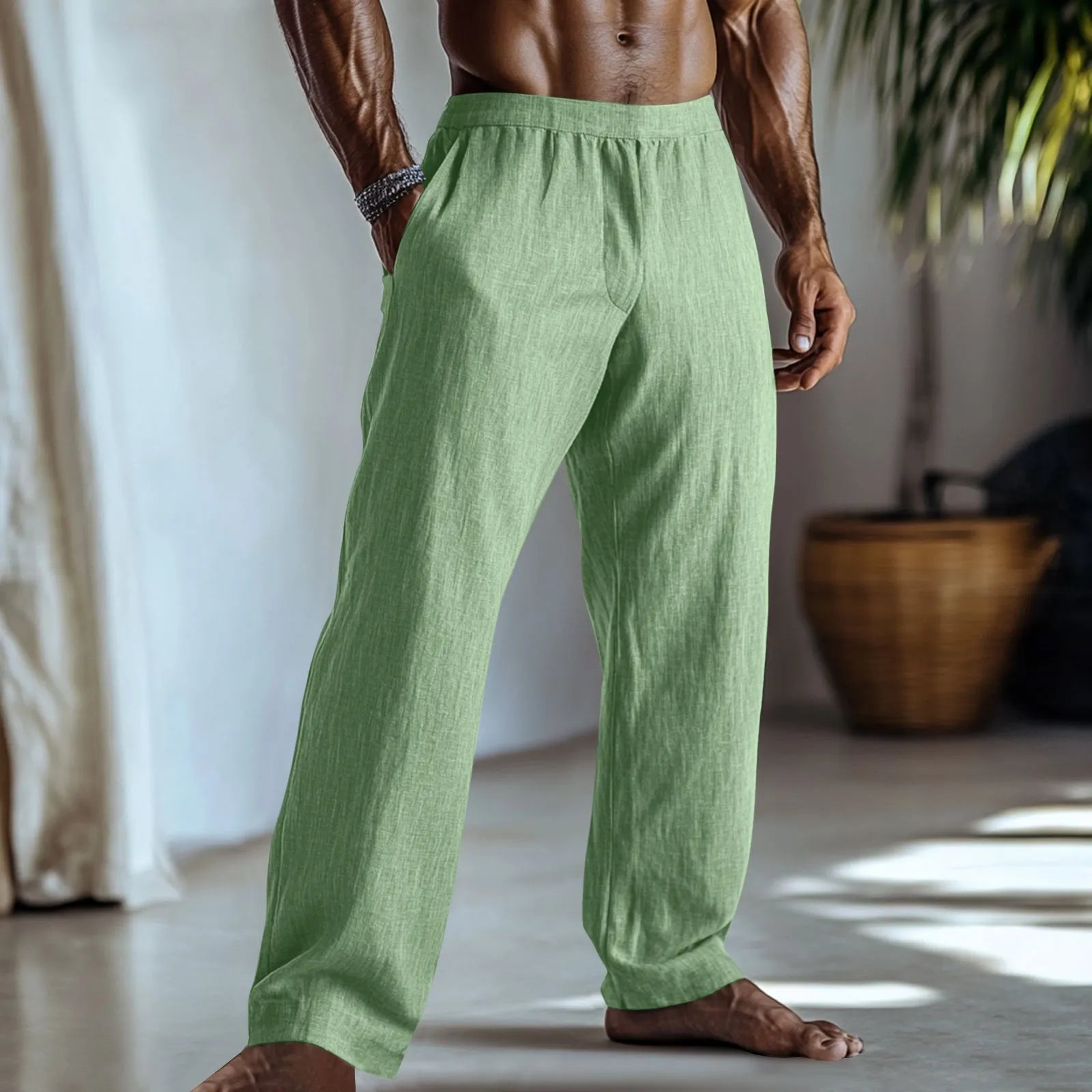 Straight-leg cotton linen casual trousers in light green colour showing front and back views
