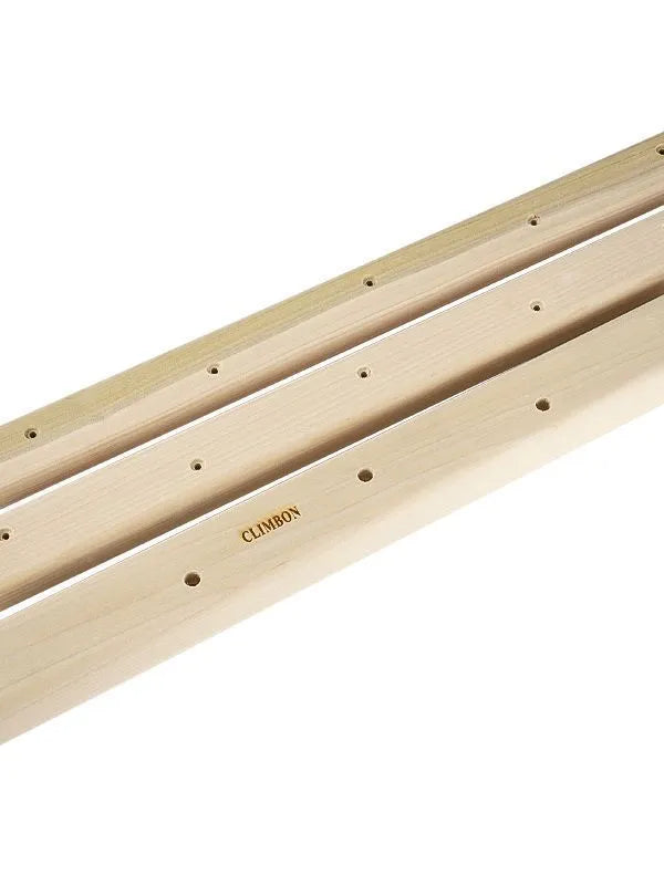 Set of three solid wooden grip training hangboards in lengths of 12cm, 40cm, and 50cm.