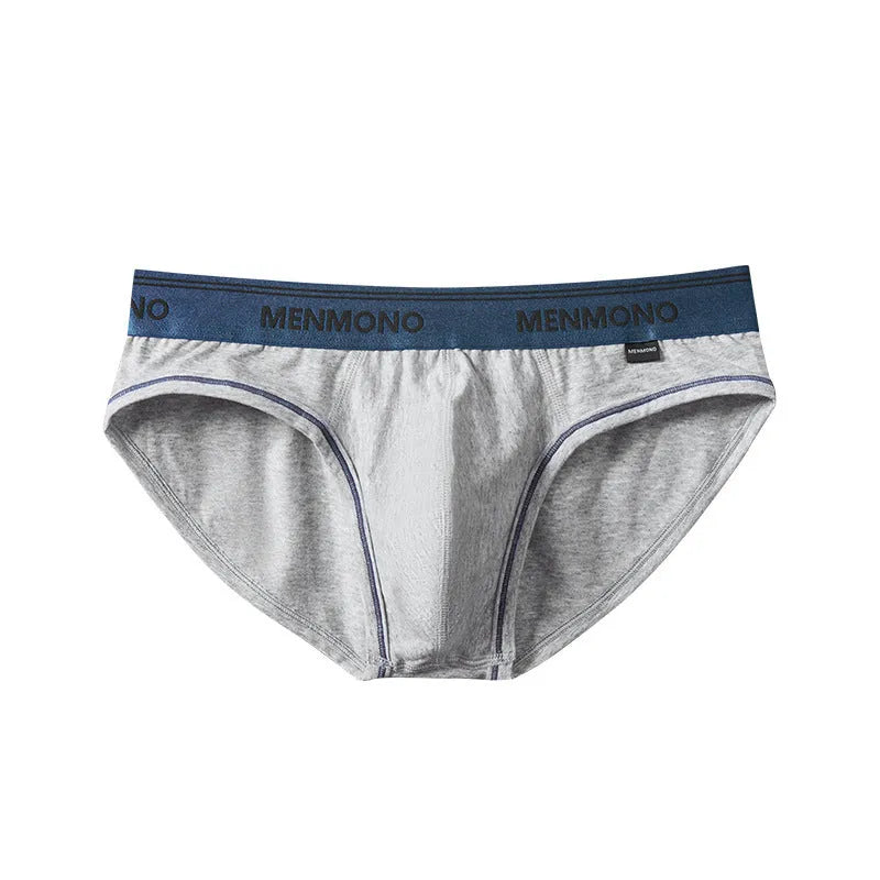 Men's low waist cotton briefs in a solid colour with contrast trim, shown in one of nine available colour combinations.