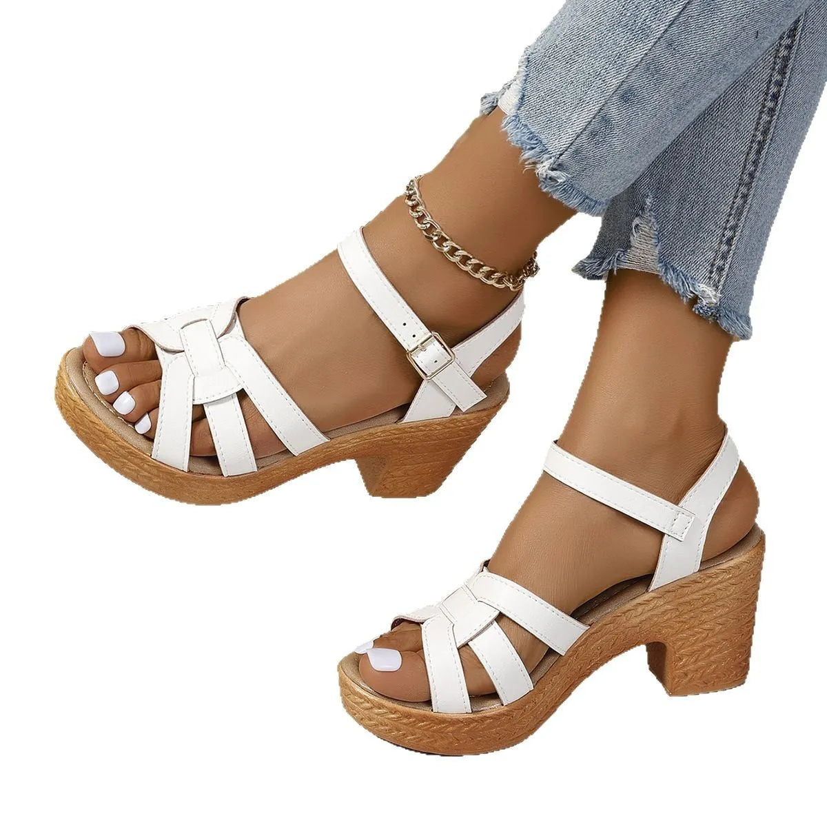 Plus size Roman women's peep toe sandals with chunky heel and ankle buckle in black