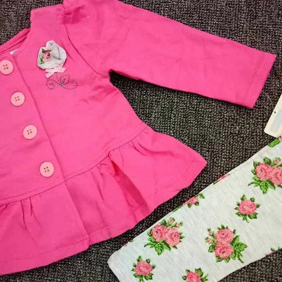 Girls' floral coloured cotton two-piece suit in rose red with single-breasted top and matching pants, sizes 18M and 24M