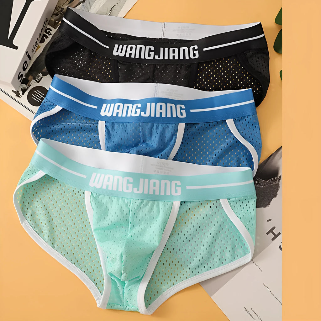 Men's triangle underwear in breathable ice silk mesh fabric, shown in solid colours including black, white, and blue.
