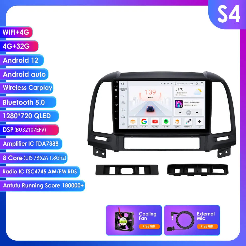 9-inch Android Car GPS navigation screen for Hyundai Santa Fe 2 2006-2012 with Carplay and WIFI connectivity