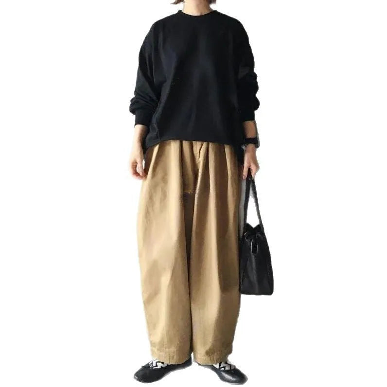 Women's lantern sleeve loose round neck sweater and wide leg cropped pants two-piece set in picture colour