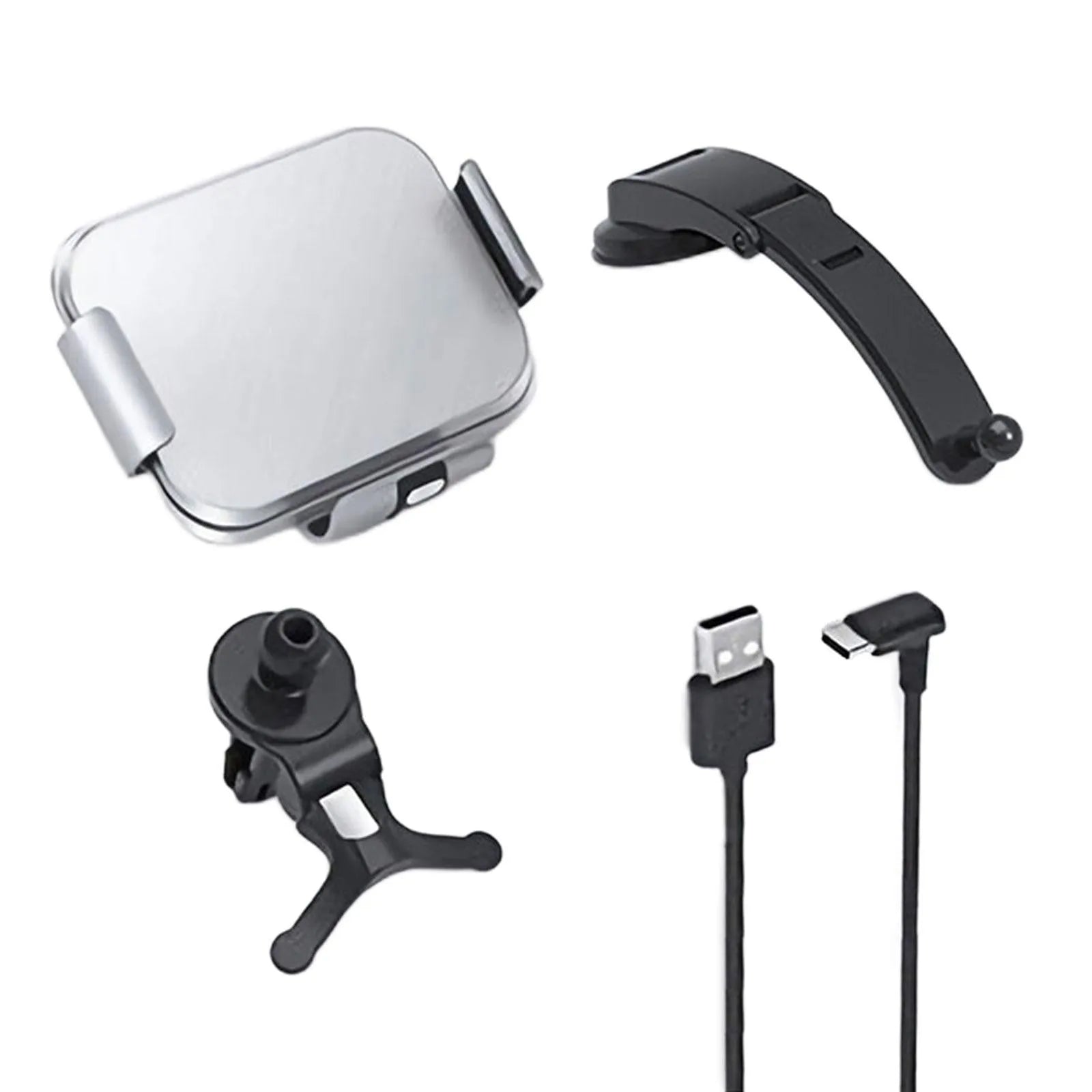 Grey on-board wireless charging bracket with folding phone holder, air conditioner clip, and suction cup mount