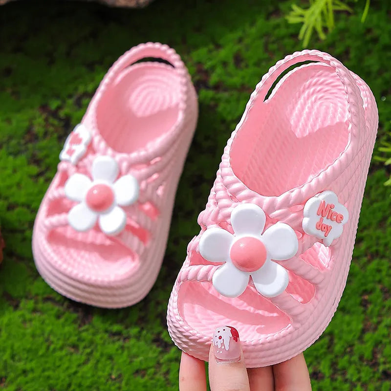Girls' EVA summer sandals in pink with letter pattern, flower detail, and non-slip sole