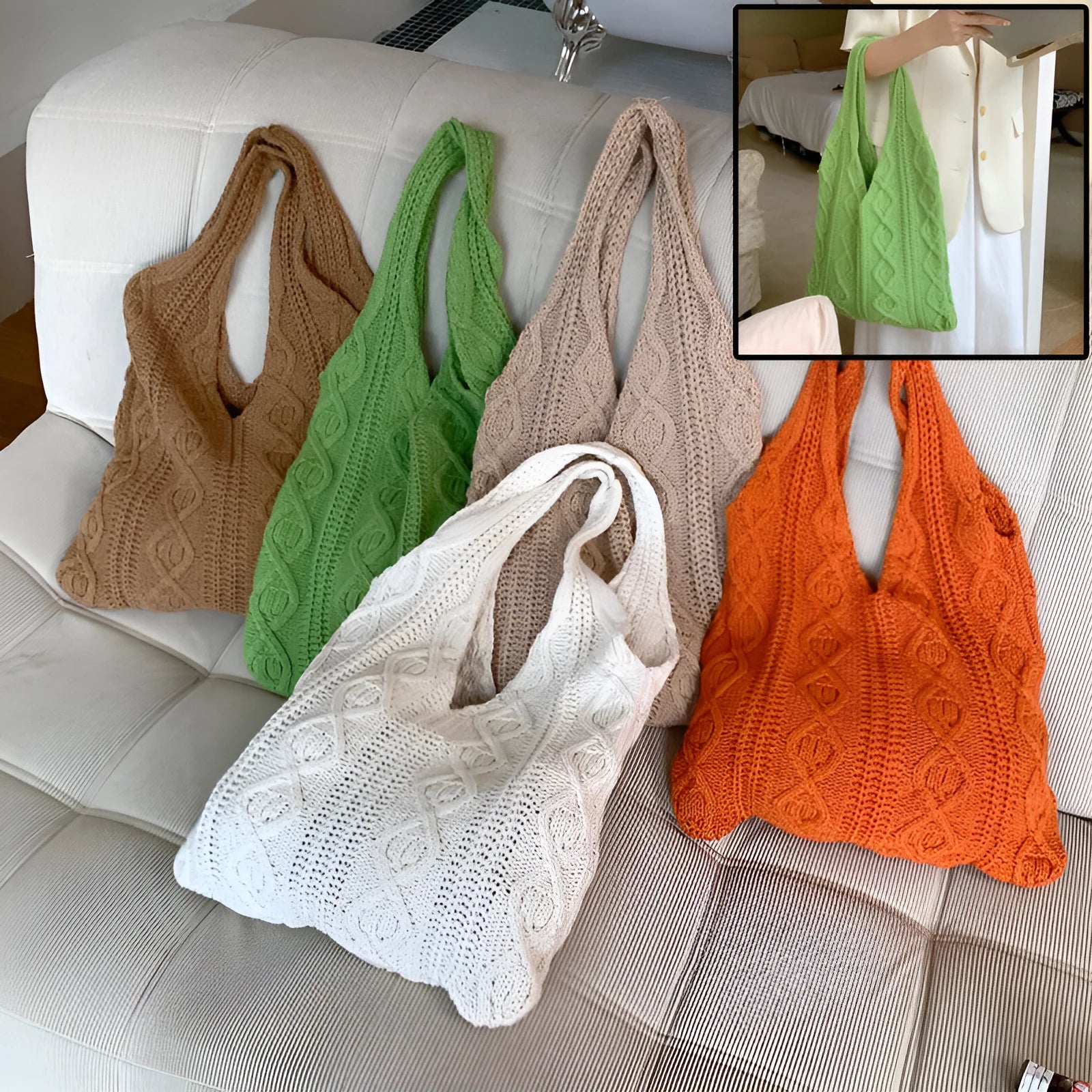 GWomen retro-style hollow knitted tote bag with double shoulder straps in a grass green colour