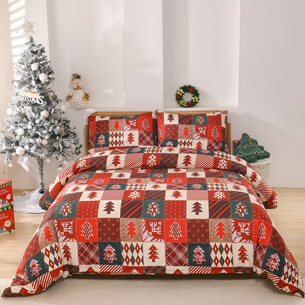 Red plaid Christmas bedding three-piece set with quilt cover and pillowcases