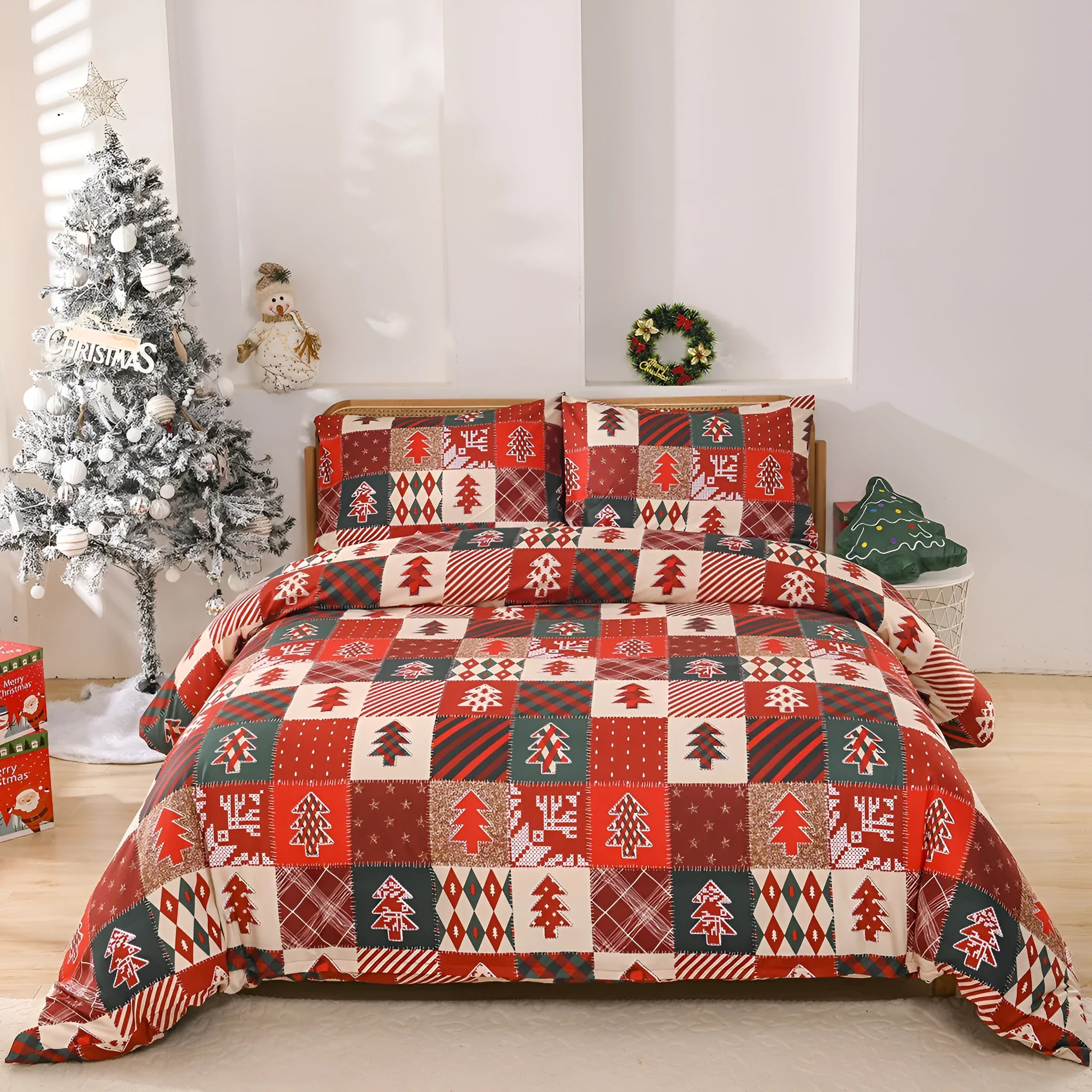 Red plaid Christmas bedding three-piece set with quilt cover and pillowcases