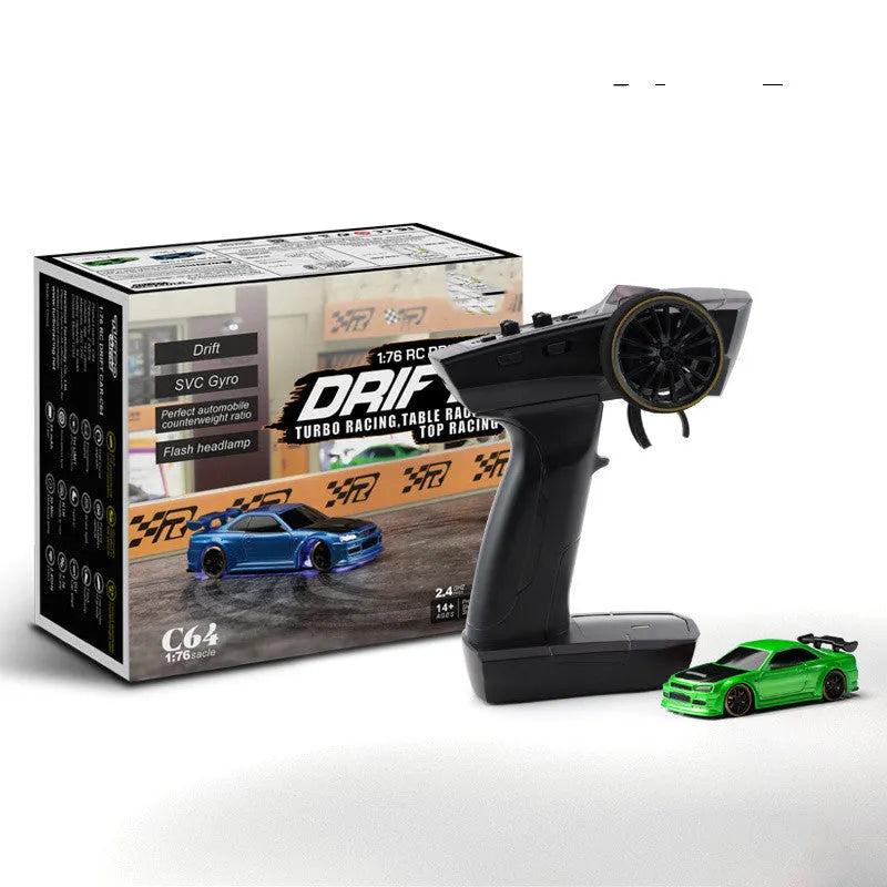 Blue Turbo Racing C64 gyro drift RC car with proportional remote control on a track