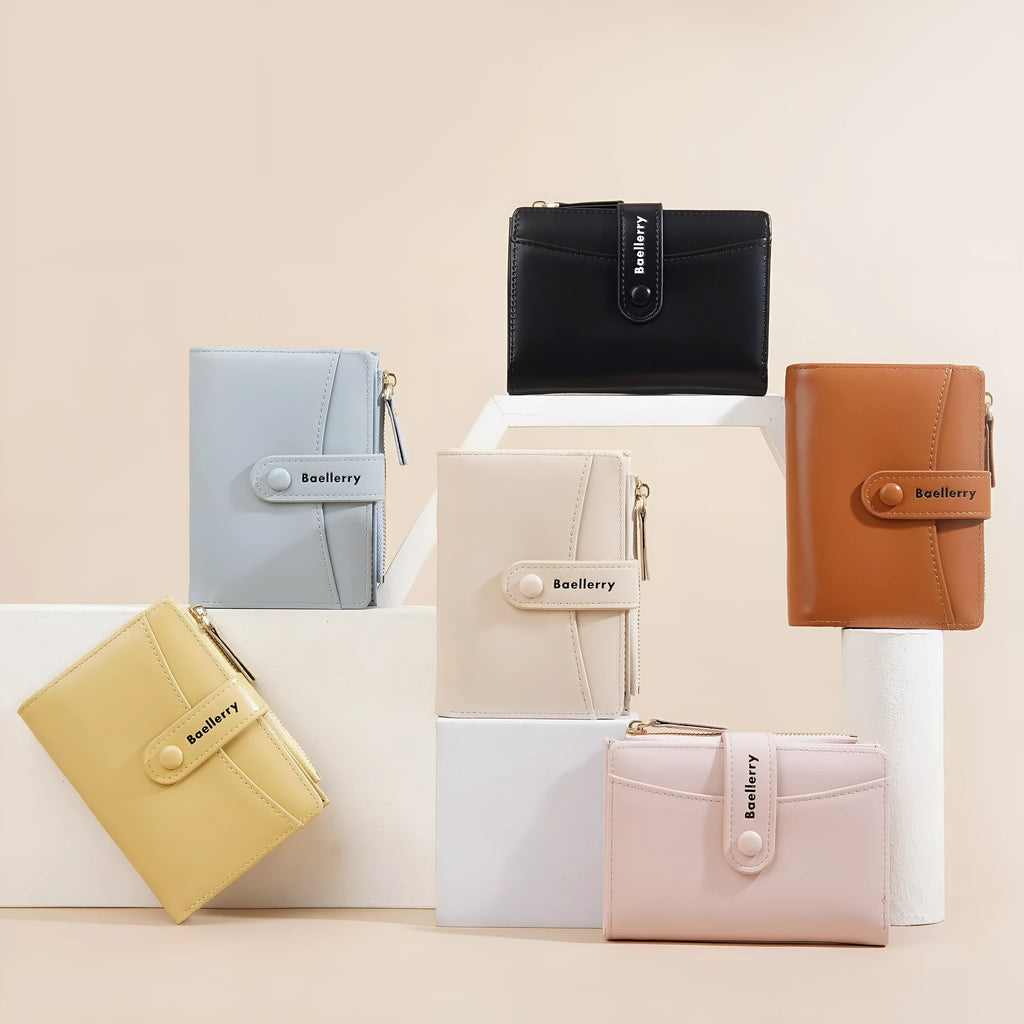 Short women's wallet in PU leather, shown in multiple colours including pink, black, yellow, blue, apricot, and brown.