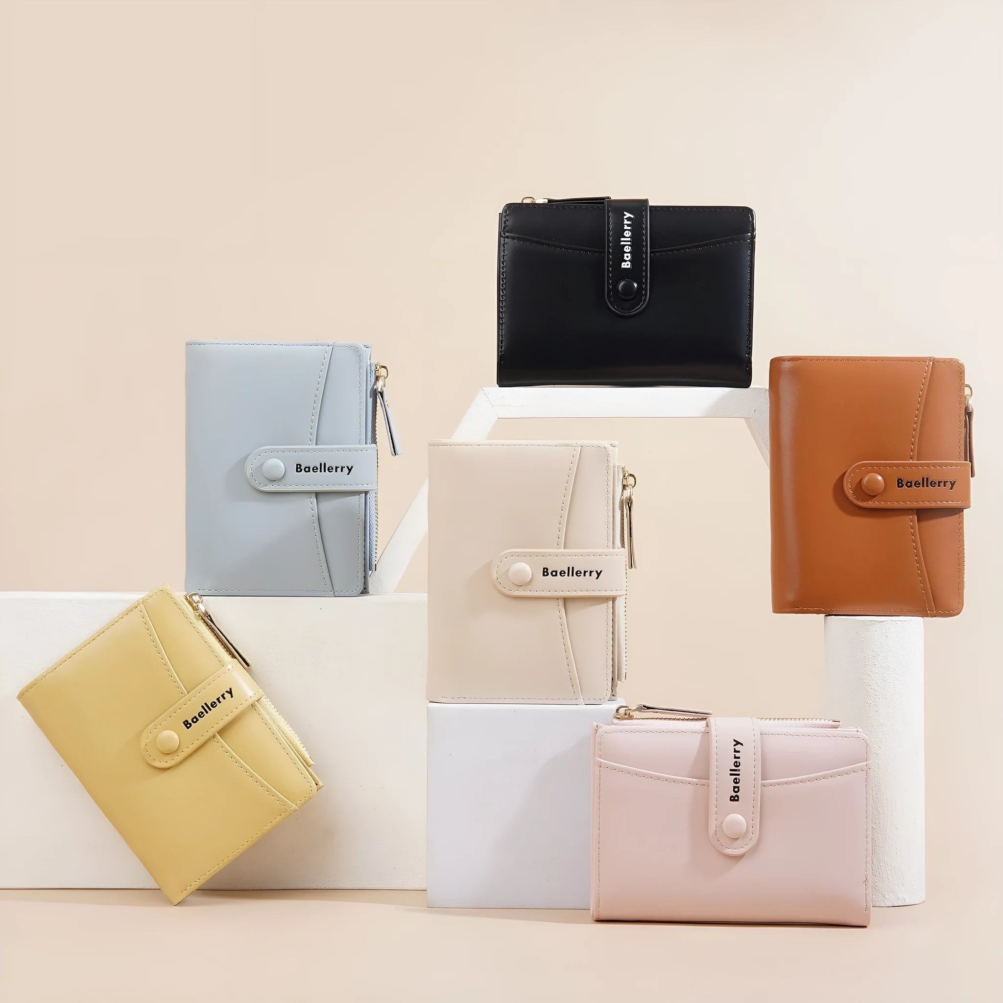 Short women's wallet in PU leather, shown in multiple colours including pink, black, yellow, blue, apricot, and brown.