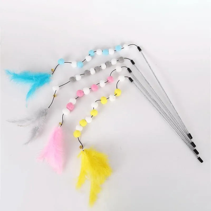 Acrylic pompon cat teaser stick with feather attachments and bell, 31cm long in multiple colours