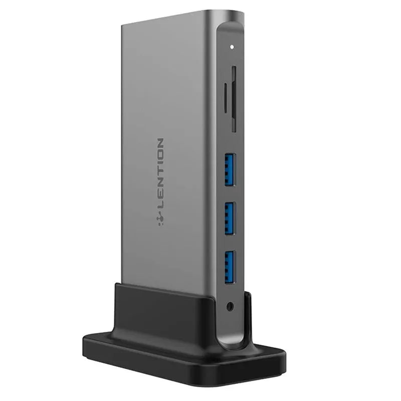 Plastic 11-in-1 USB-C docking station in deep space grey with multiple ports including HDMI, VGA, USB, and Ethernet