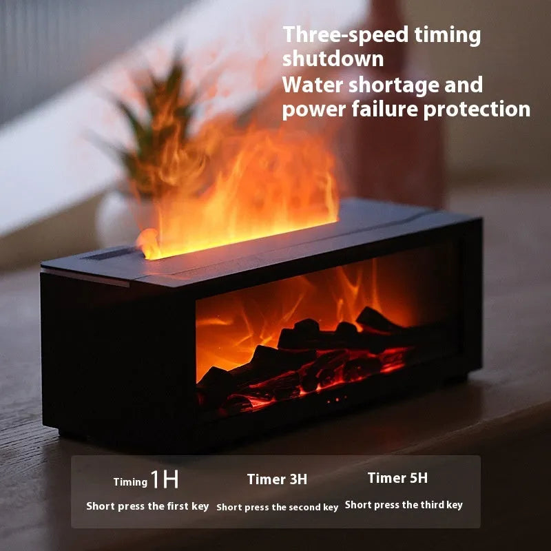Square desktop flame aromatherapy diffuser with realistic fire effect and 7-colour mood light base.