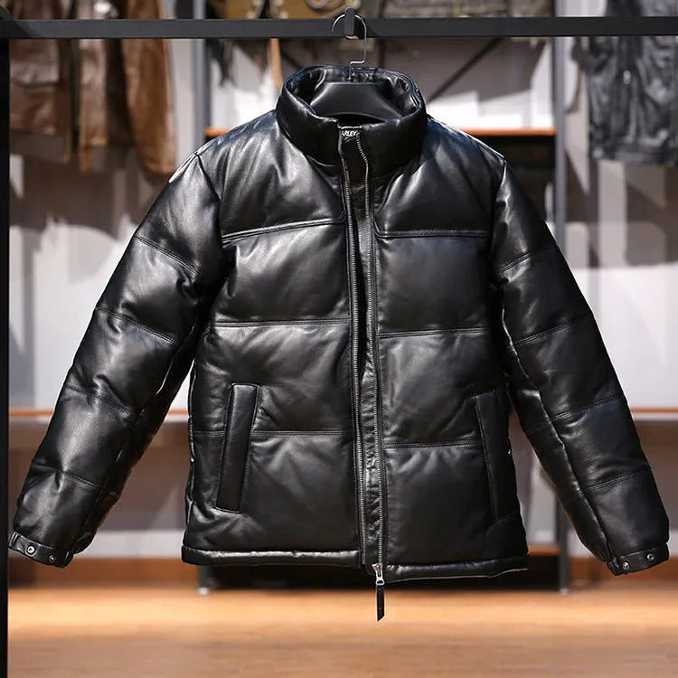 Men's black sheepskin down leather jacket with stand collar and pocket decoration