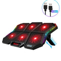 Ice Magic 6 notebook radiator with six cooling fans, black and red plastic housing, and a USB cable.
