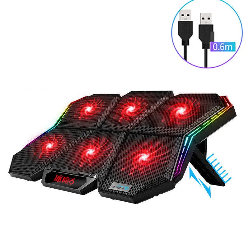 Ice Magic 6 notebook radiator with six cooling fans, black and red plastic housing, and a USB cable.