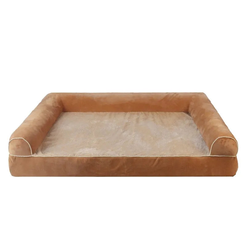 Square dark grey cloth dog bed with sponge core on a wooden floor, showing low-profile design and breathable fabric texture.
