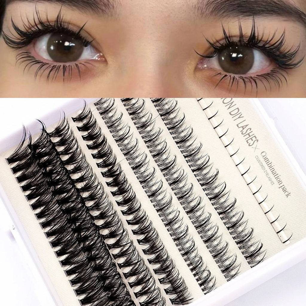 False eyelash glue set with lashes, tweezers, brush, and pink or black adhesive bottle
