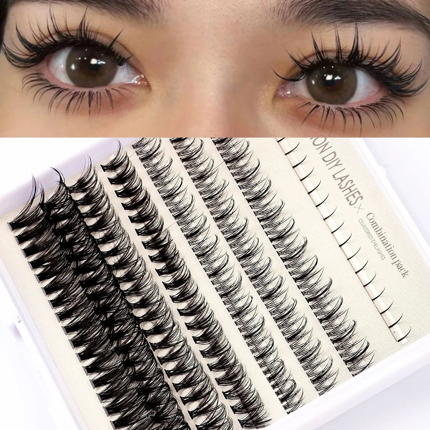 False eyelash glue set with lashes, tweezers, brush, and pink or black adhesive bottle