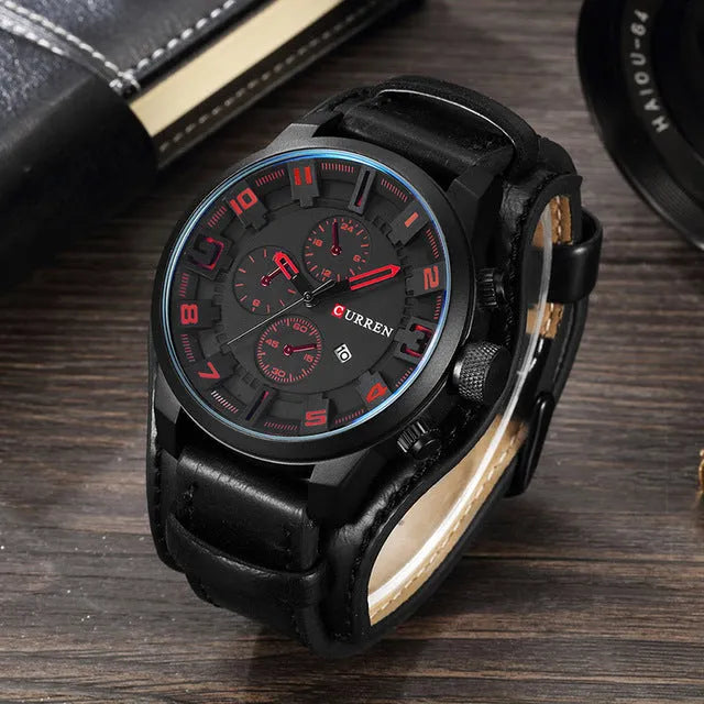 Belt Sports Large Plate Quartz Watch with black shell, black surface, black word, black faux leather strap