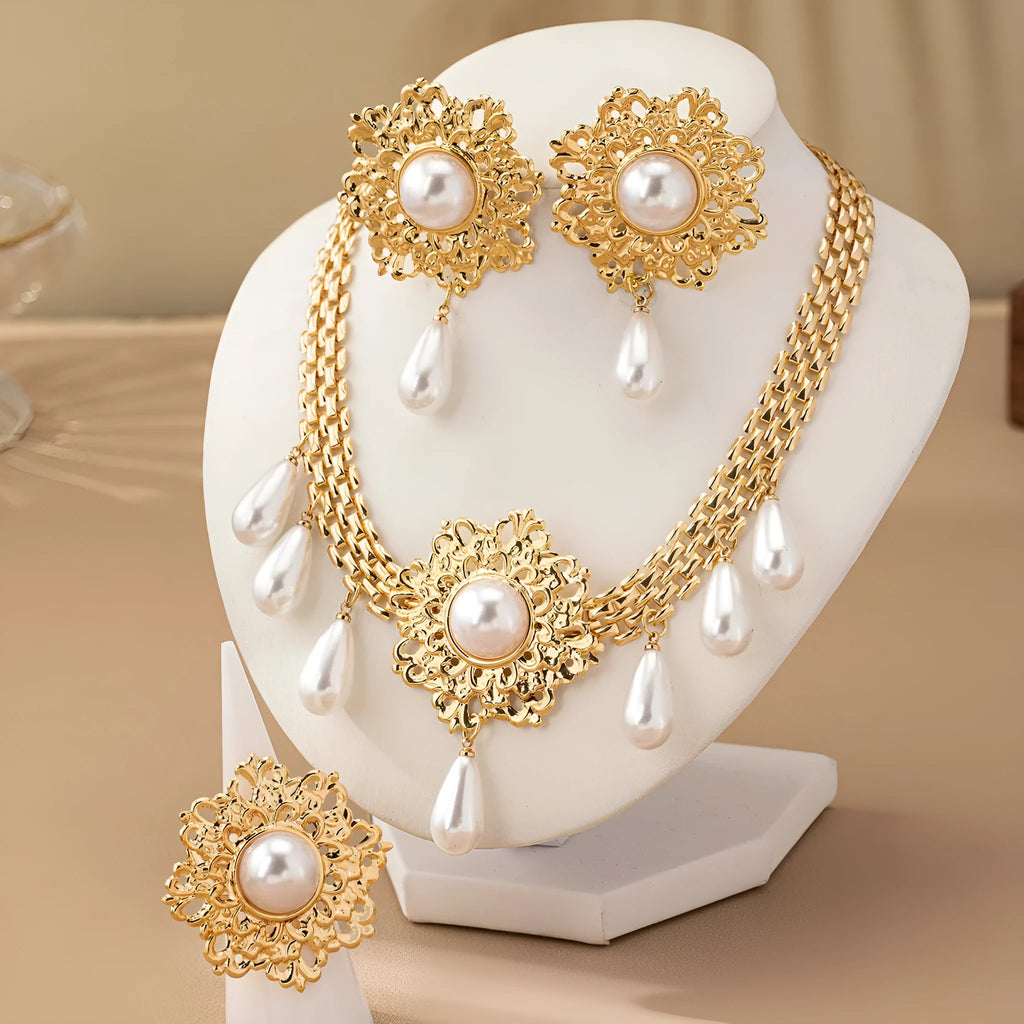 French retro hollow flower pearl tassel jewellery set in white, including necklace, earrings, and ring, alloy material