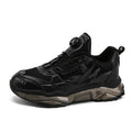 Men's black rotating button dad sneakers with mesh upper and platform sole on a white background.