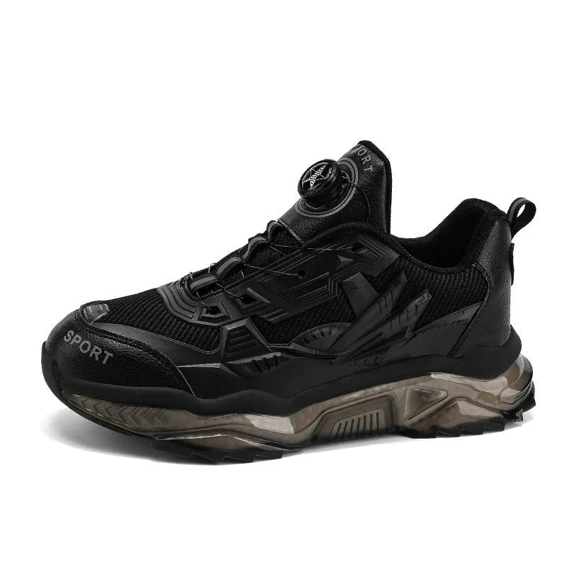 Men's black rotating button dad sneakers with mesh upper and platform sole on a white background.