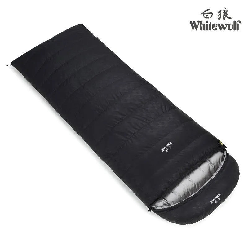 Black outdoor sleeping bag with white goose down fill and tear-resistant nylon fabric.
